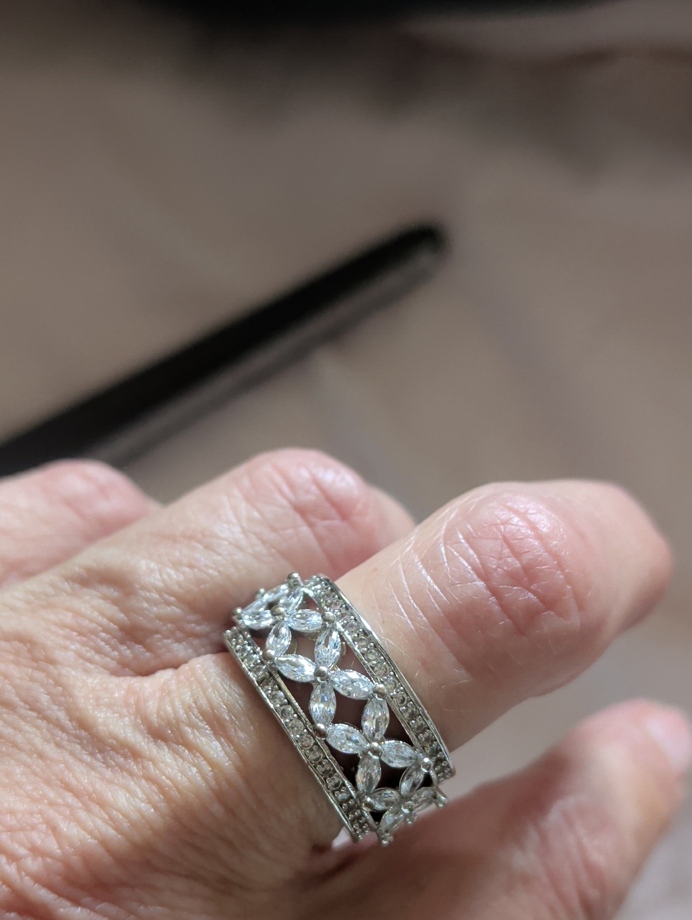 Silver Tone Floral Marquise CZ Band Ring - Women Jewelry